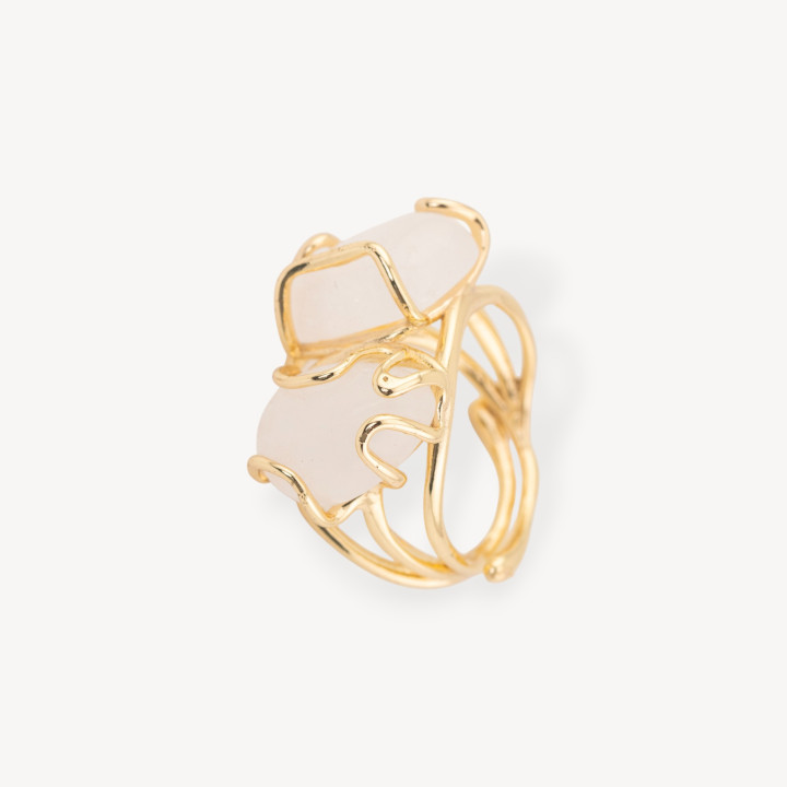 Anello Di Bronzo Con Pietre Naturali 16x22mm Misura Regolabile Dorato Bianco