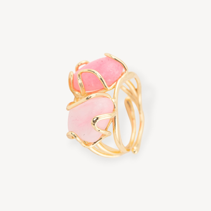 Bronze Ring With Natural Stones 16x22mm Adjustable Size Golden Pink Jade