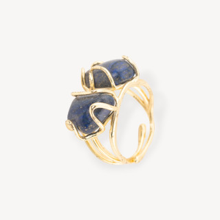 Bague Bronze Avec Pierres Naturelles 16x22mm Taille Ajustable Lapis Lazuli Doré