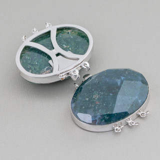 Clasp In 925 Silver And Semi-precious Stones Faceted Oval 30x40mm - Moss Agate