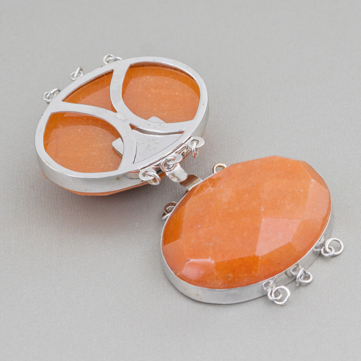 Clasp In 925 Silver And Semi-precious Stones Faceted Oval 30x40mm - Red Aventurine (Eosite)