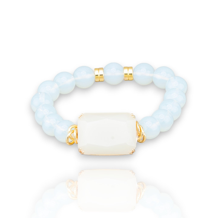 Bracelet élastique de pierres semi-précieuses de 10 mm avec hématite et cabochon central en cristal 19x26 mm opale blanche