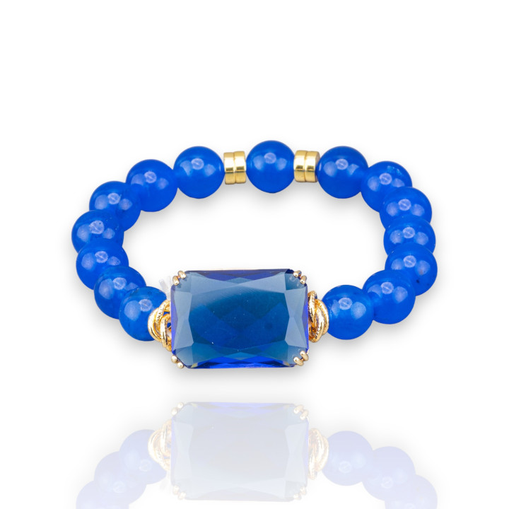 Pulsera Elástica de Piedras Semipreciosas 10mm con Hematites y Cabujón de Cristal Central 19x26mm Azul