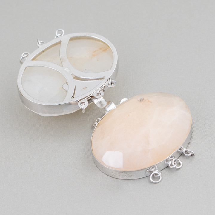 Fermoir En Argent 925 Et Pierres Dures Ovale Facette 30x40mm - Calcite