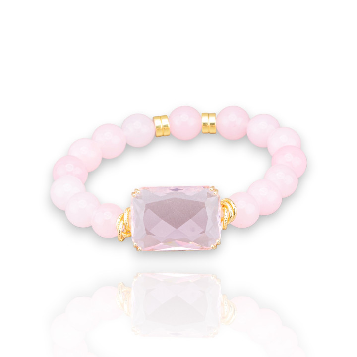 Elastisches Armband aus 10 mm großen Halbedelsteinen mit Hämatit und zentralem Kristall-Cabochon 19 x 26 mm rosa