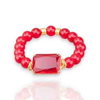 Elastisches Armband aus 10 mm großen Halbedelsteinen mit Hämatit und zentralem Kristall-Cabochon 19 x 26 mm rot