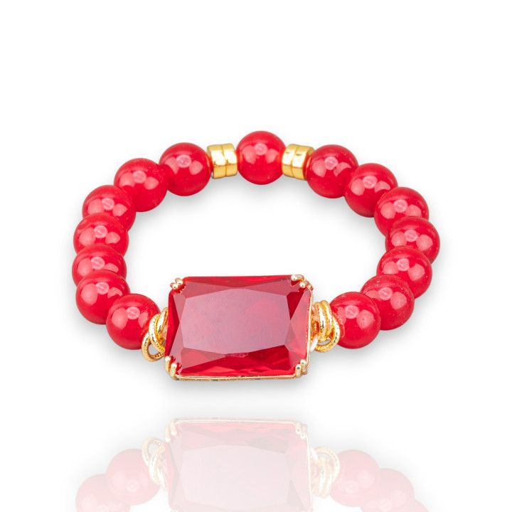 Elastisches Armband aus 10 mm großen Halbedelsteinen mit Hämatit und zentralem Kristall-Cabochon 19 x 26 mm rot