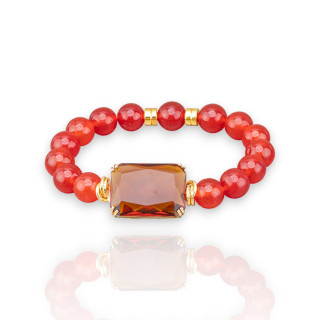 Bracciale Elastico Di Pietra Dure 10mm Con Ematite E Centrale Cabochon Di Cristallo 19x26mm Rosso Corallo