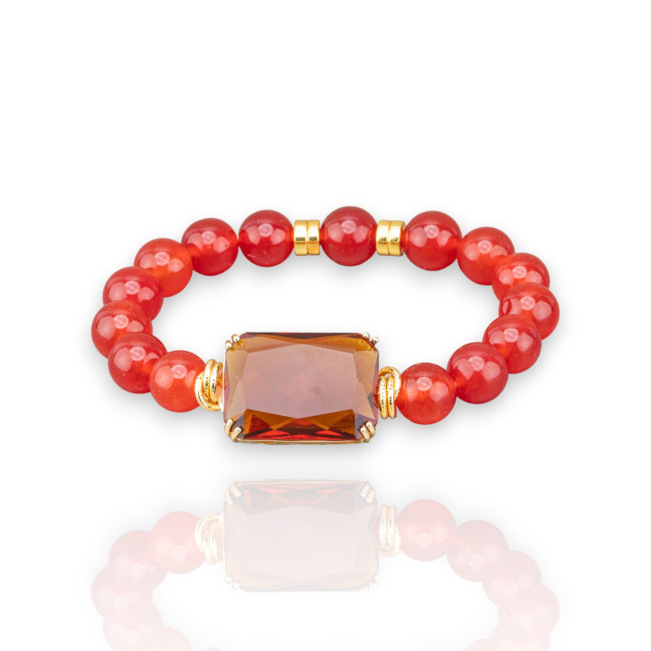 Bracelet Élastique 10mm Pierres Semi-précieuses Avec Hématite Et Cabochon Cristal Central 19x26mm Rouge Corail