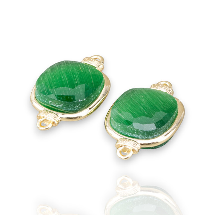 Connecteur de Composant en Laiton avec Cristaux Oeil de Chat Carré 14mm 10pcs Doré Vert Clair