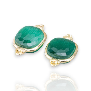 Brass Component Connector with Cat's Eye Crystals Set Square 14mm 10pcs Golden Emerald Green
