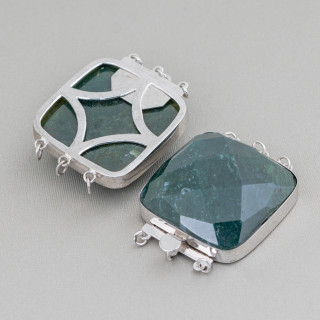 Chiusura In Argento 925 E Pietre Dure Quadrato Sfaccettato 30mm 1pz Agata Muschiata