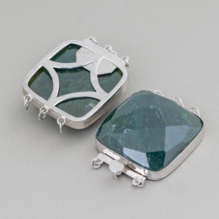 Clasp In 925 Silver And Semi-precious Stones Faceted Square 30mm - Moss Agate