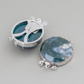 Fermoir En Argent 925 Et Pierres Dures Rondes Facettes 30mm - Agate Mousse