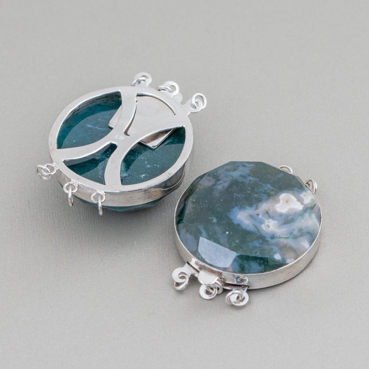 Fermoir En Argent 925 Et Pierres Dures Rondes Facettes 30mm - Agate Mousse