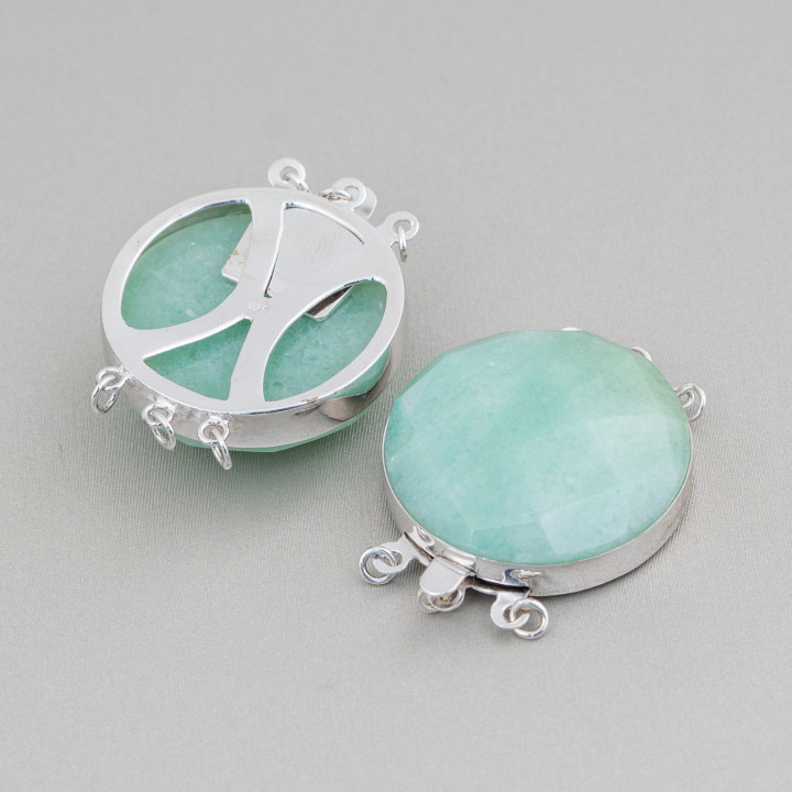Fermoir En Argent 925 Et Pierres Dures Rondes Facettes 30mm - Aventurine Verte