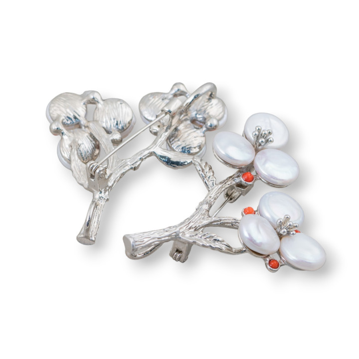 Broche Bronze Avec Perles De Rivière 45x60mm Plaqué Rhodié