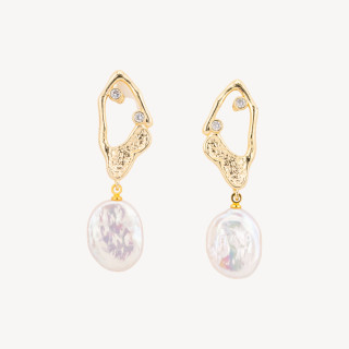 Bronze Stud Earrings With Light Points And White Golden Baroque River Pearl Pendant