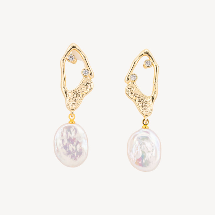 Boucles D'oreilles Puces En Bronze Avec Points Lumineux Et Pendentif Perle De Rivière Baroque Doré Blanc