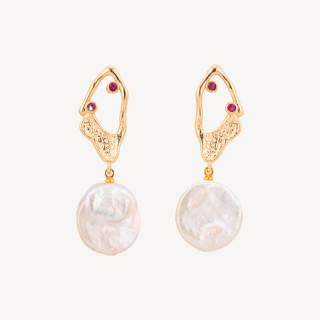 Bronze Stud Earrings With Light Points And Red Golden Baroque River Pearl Pendant