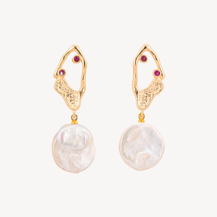 Bronze Stud Earrings With Light Points And Red Golden Baroque River Pearl Pendant