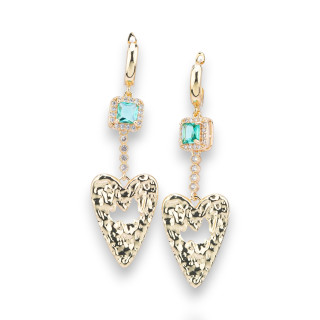 Bronze Stud Earrings With Crystals And Water Golden Wrought Heart Pendant