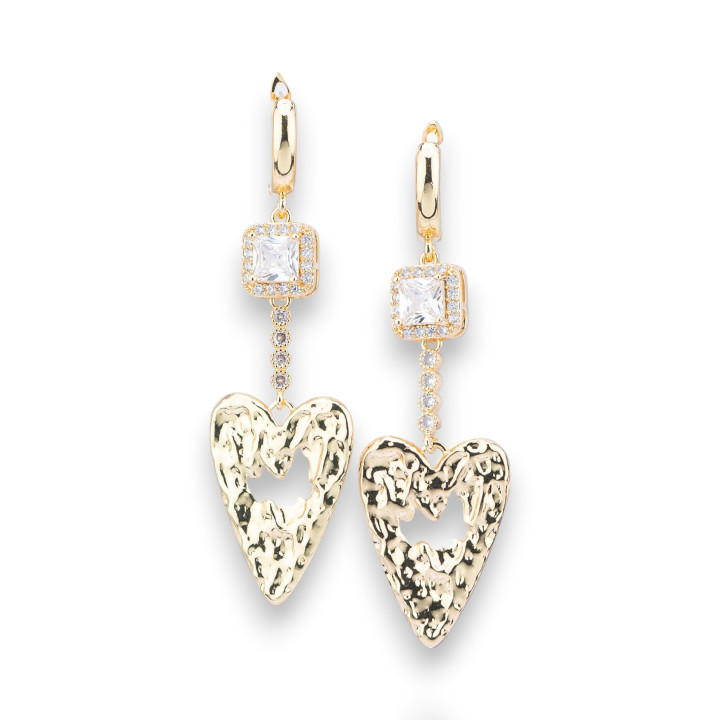 Boucles D'oreilles Puces En Bronze Avec Cristaux Et Pendentif Coeur Forgé Doré Blanc