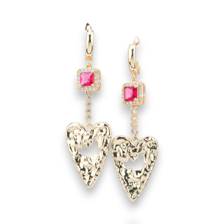 Bronze Stud Earrings With Crystals And Red Golden Wrought Heart Pendant