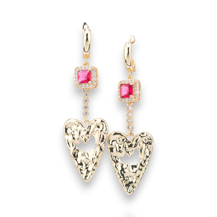 Bronze Stud Earrings With Crystals And Red Golden Wrought Heart Pendant