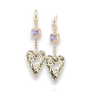 Boucles D'oreilles Puces En Bronze Avec Cristaux Et Pendentif Coeur Forgé Doré Violet