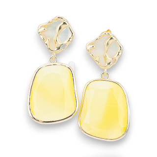 Bronze Stud Earrings With Cat's Eye Element And Yellow Golden Pendant