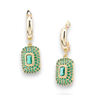 Orecchini Perno Di Bronzo Con Pendente Zirconi Pave' E Punto Luce 10x32mm Dorato Verde