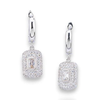 Pendientes de bronce con colgante en pavé de circonitas y punto de luz, 10 x 32 mm, chapado en rodio blanco