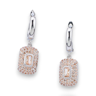 Orecchini Perno Di Bronzo Con Pendente Zirconi Pave' E Punto Luce 10x32mm Rodiato Champagne