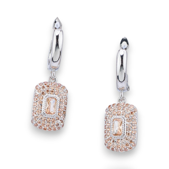 Bronze Stud Earrings With Pave' Zircon Pendant And Light Point 10x32mm Rhodium Plated Champagne