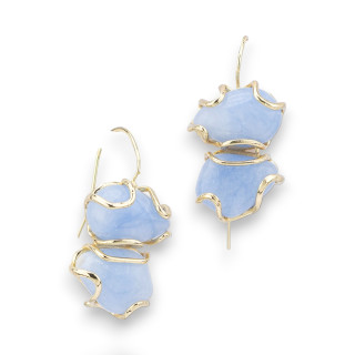 Pendientes Palanca De Bronce Con Piedras Semipreciosas 17x35mm Jade Azul Claro Dorado