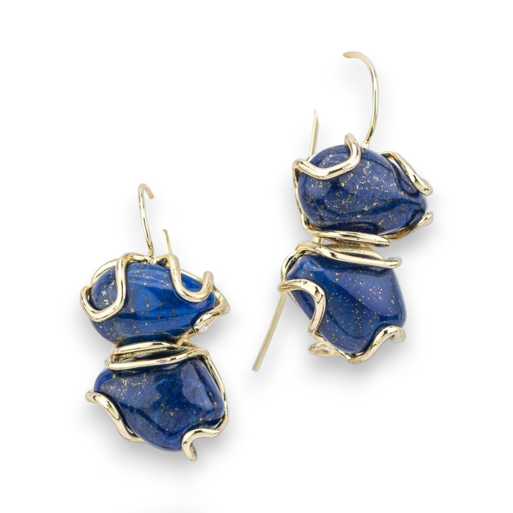 Boucles D'oreilles Levier En Bronze Avec Pierres Semi-précieuses 17x35mm Lapis Lazuli Doré