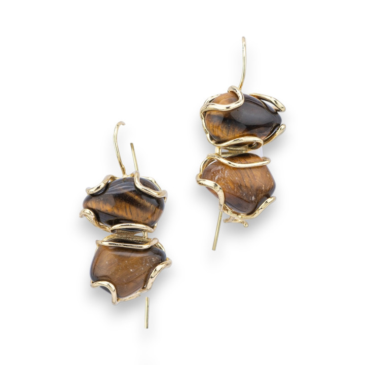 Boucles d'oreilles bronze avec pierres semi-précieuses 17x35mm Oeil de Tigre Doré