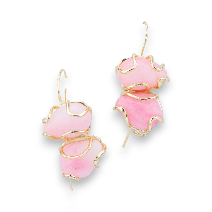 Orecchini A Monachella Di Bronzo Con Pietra Dure 17x35mm Dorato Rosa