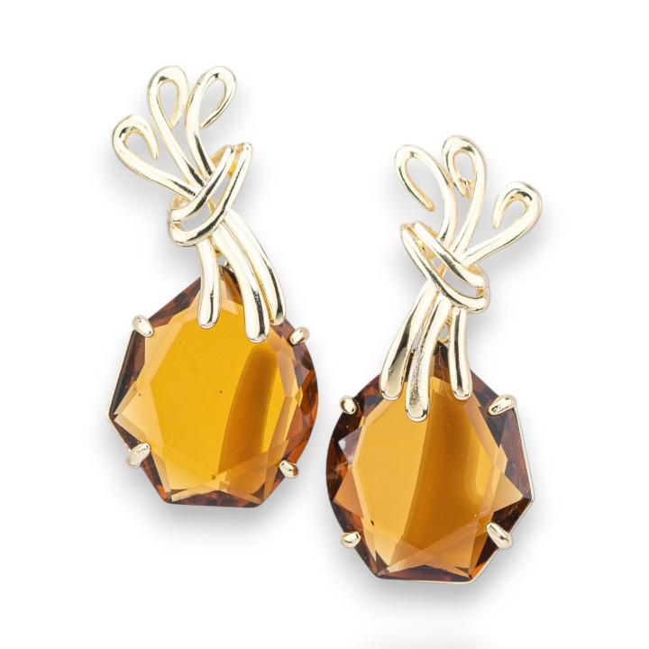 Boucles d'oreilles à tige en bronze avec cristaux CZ 20x40 mm marron doré