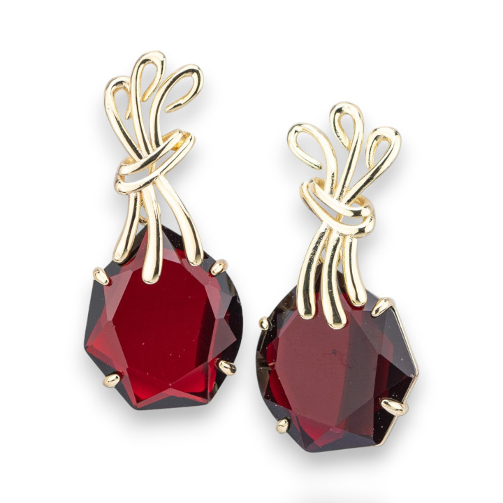 Boucles d'oreilles à tige en bronze avec cristaux CZ 20x40 mm doré rouge