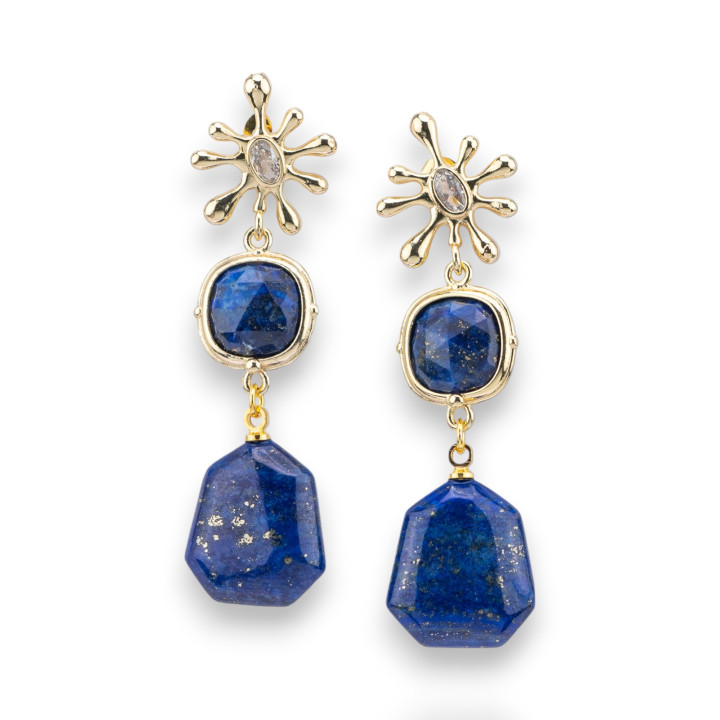 Bronze Stud Earrings With Cat's Eyes And Golden Lapis Lazuli Gemstone Pendant