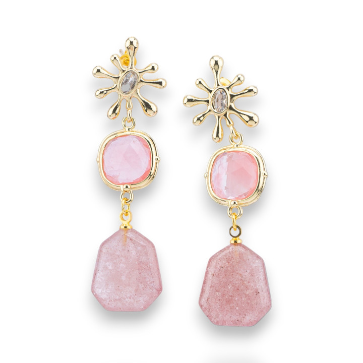 Boucles D'oreilles Tige En Bronze Avec Yeux De Chat Et Pendentif Pierre Précieuse Dorée Quartz Fraise