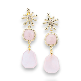 Boucles D'oreilles Puces En Bronze Avec Yeux De Chat Et Pendentif Pierre Précieuse Dorée En Quartz Rose