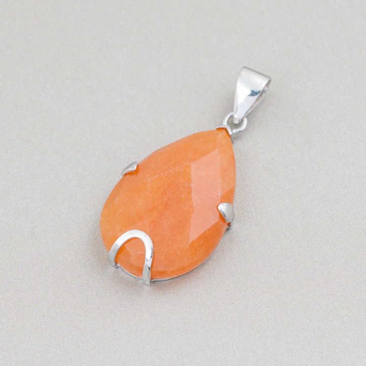 Pendentif Argent 925 Et Pierres Dures Goutte Plate Facette 20x30mm - Aventurine Rouge (Eosite)
