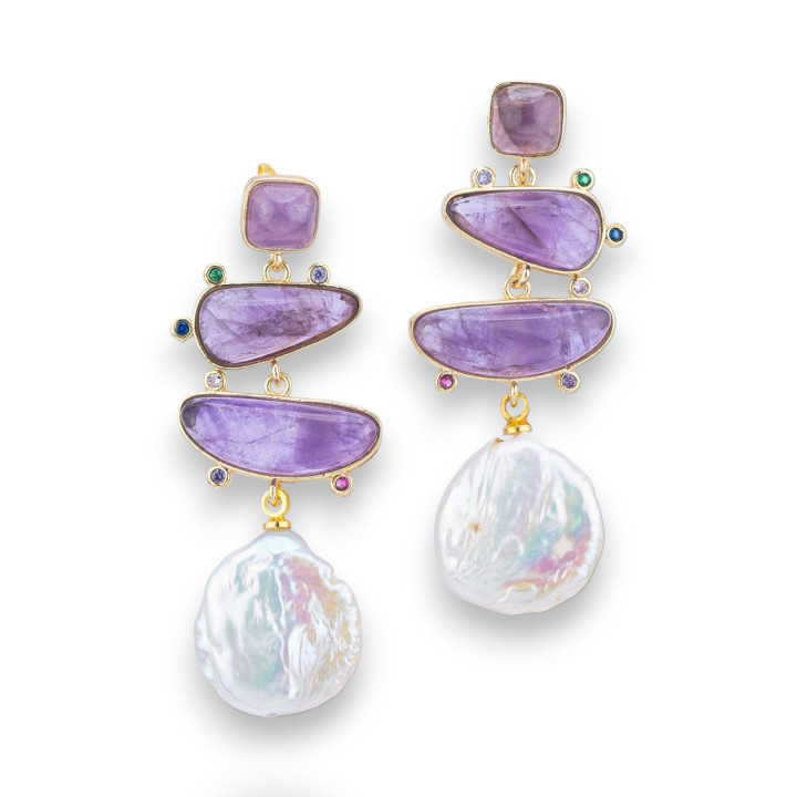 Bronze-Ohrstecker, besetzt mit Halbedelsteinen und Barockperlen, Münze 20 x 50 mm, goldener Amethyst