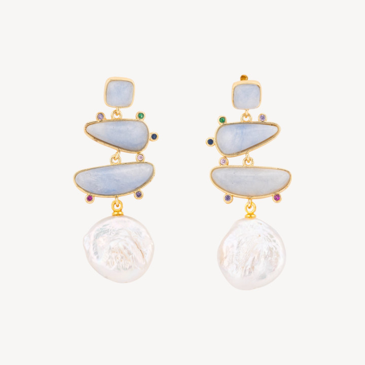 Pendientes de bronce engastados con piedras semipreciosas y perlas barrocas Moneda 20x50 mm Aventurina azul dorada