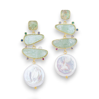 Pendientes de bronce engastados con piedras semipreciosas y perlas barrocas Moneda 20x50 mm Aventurina verde dorada