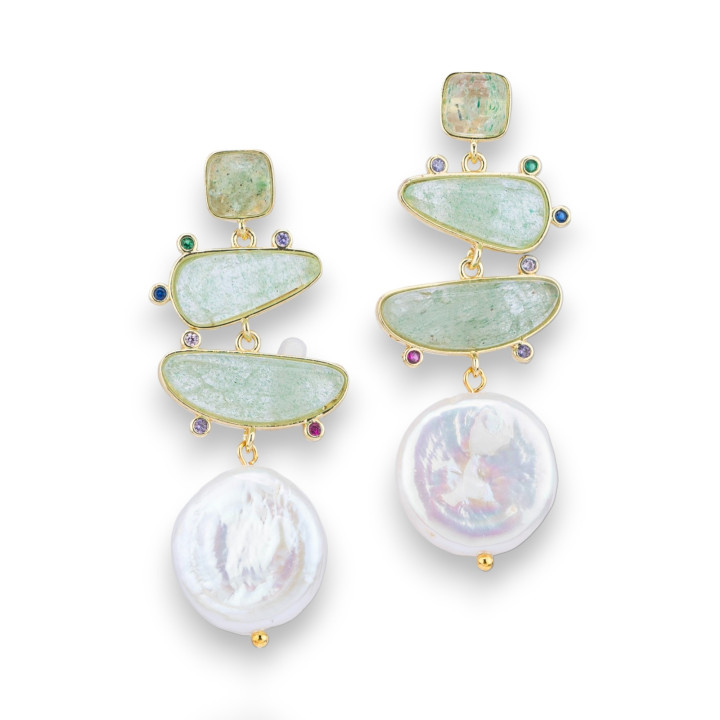 Bronze Stud Earrings Set with Semi-precious Stones and Baroque Pearls Coin 20x50mm Golden Green Aventurine