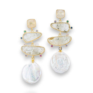 Bronze Stud Earrings Set with Semi-precious Stones and Baroque Pearls Coin 20x50mm Gold Plated